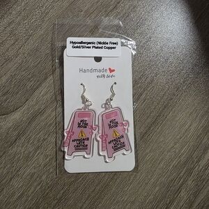 Handmade Pink Statement Dangle Earrings - Cleaning Sign Phone Design